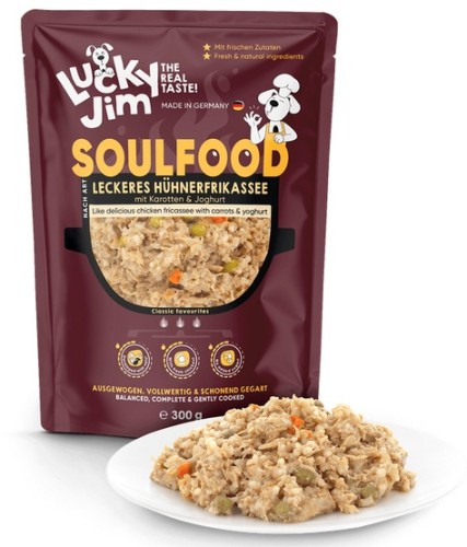 Przejdź do produktu Lucky Jim SoulFood Potrawka z kurczakiem, marchewką i jogurtem 300g – karma mokra dla psa