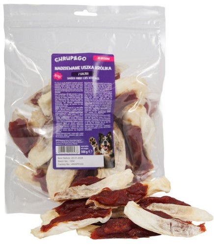 Przejdź do produktu Chrup&Go Przysmak dla psa Uszy królika nadziewane 500g – przysmak dla psa