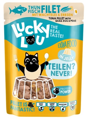 Przejdź do produktu Lucky Lou Extrafood Tuńczyk i jajko przepiórcze w galaretce saszetka 70g – karma mokra dla kota