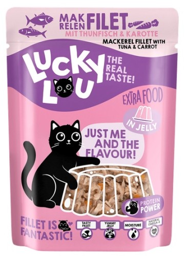 Przejdź do produktu Lucky Lou Extrafood Makrela i tuńczyk w galaretce saszetka 70g – karma mokra dla kota