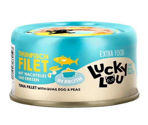 Przejdź do produktu Lucky Lou Extrafood Tuńczyk i jajko przepiórcze w bulionie puszka 70g – karma mokra dla kota