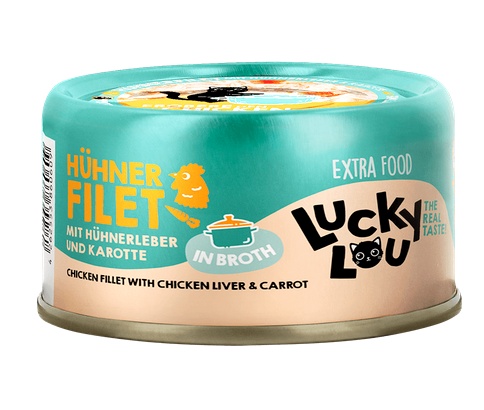Przejdź do produktu Lucky Lou Extrafood Kurczak i wątróbka z kurczaka w bulionie puszka 70g – karma mokra dla kota