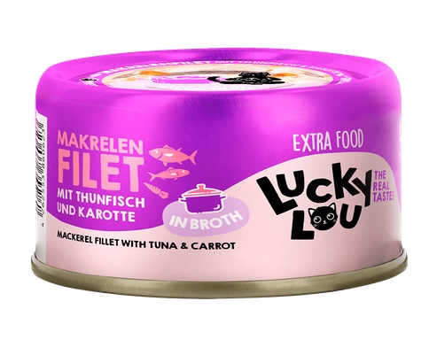 Przejdź do produktu Lucky Lou Extrafood Makrela i tuńczyk w bulionie puszka 70g – karma mokra dla kota