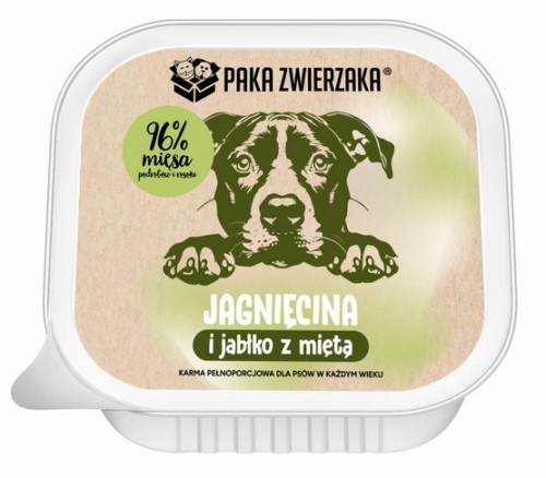 Przejdź do produktu Paka Zwierzaka Jagnięcina i jabłko z miętą tacka 150g – przysmak dla psa
