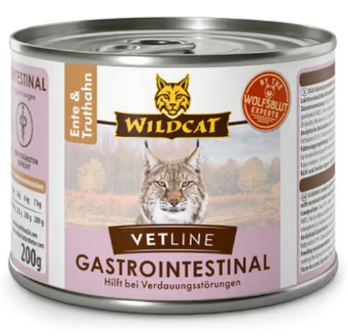 Przejdź do produktu Wildcat VetLine Gastrointestinal Kaczka i indyk puszka 200g – karma weterynaryjna dla kota