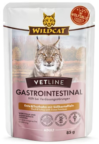 Przejdź do produktu Wildcat VetLine Gastrointestinal Kaczka i indyk saszetka 85g – karma weterynaryjna dla kota