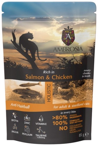 Przejdź do produktu Ambrosia Cat Adult Salmon & Chicken saszetka 85g – karma mokra dla kota