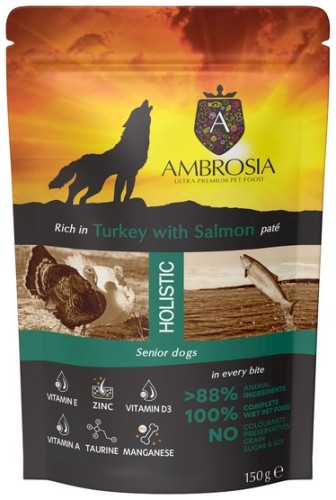 Przejdź do produktu Ambrosia Dog Senior Turkey & Salmon saszetka 150g – karma mokra dla psa