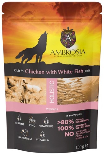 Przejdź do produktu Ambrosia Dog Puppy Chicken & White Fish saszetka 150g – karma mokra dla psa